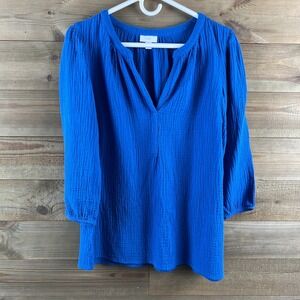 J Jill Womens Shirt 3/4 Sleeve Vneck Gauze Beachy Coastal Blue Size Medium Tall